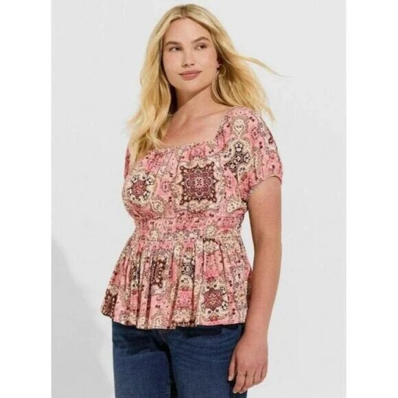 Torrid womens Lace Up Back Pink Floral blouse preplum Top Square Neck 2X - Picture 1 of 7